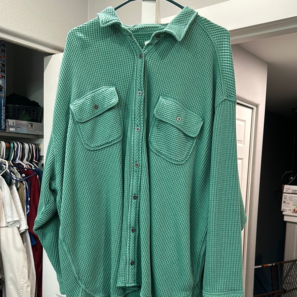 Green Waffle Knit Button-Up Shirt
